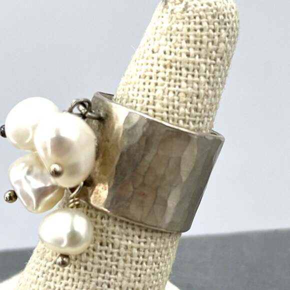 Sterling Silver & Natural Pearl Wide Band Cha Cha Ring Size 6.5 - Picture 4 of 10